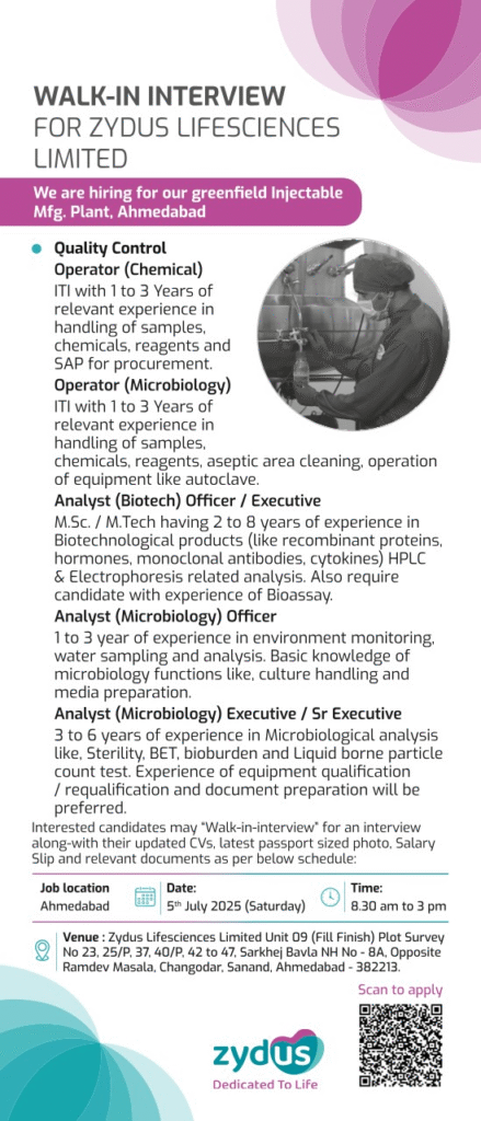 Job Opening at Zydus Lifesciences – pharma jobs in QC & Biotech
