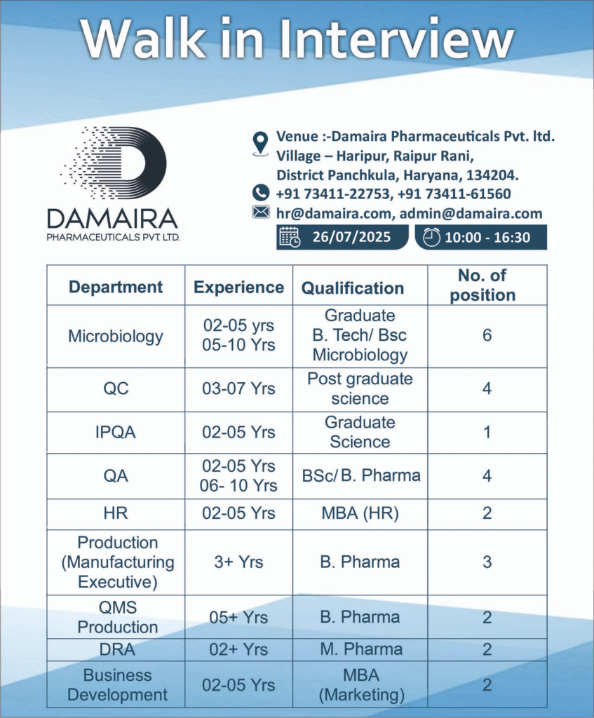 Damaira Pharma Jobs Walk-In | 26 July 2025
