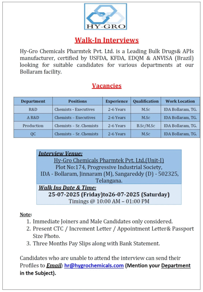 Hy-Gro Chemicals pharma jobs