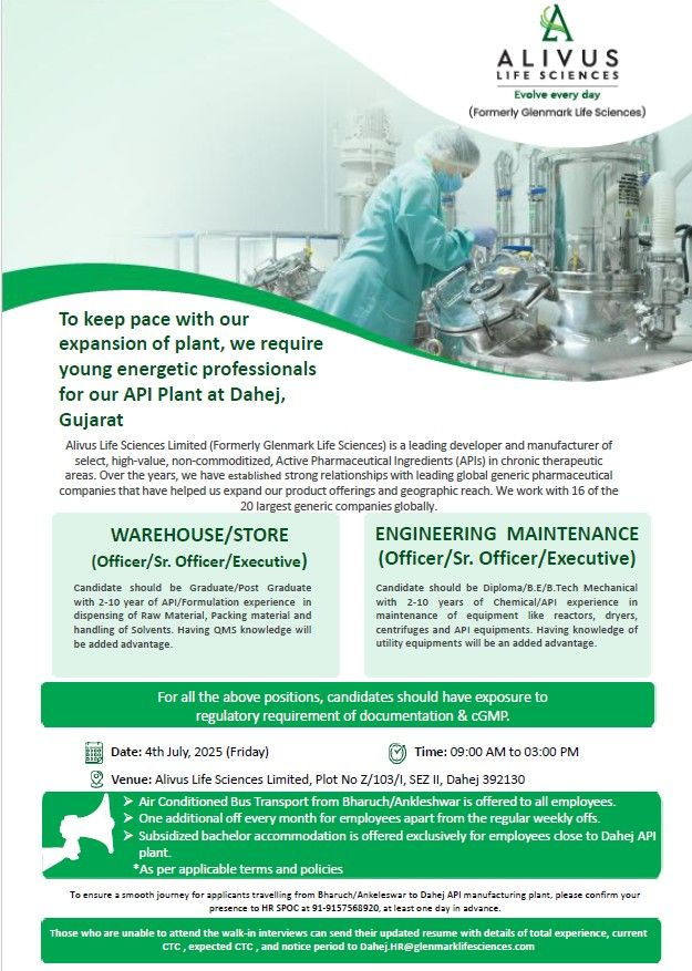 Job Opening at Alivus – pharma jobs for API Expansion