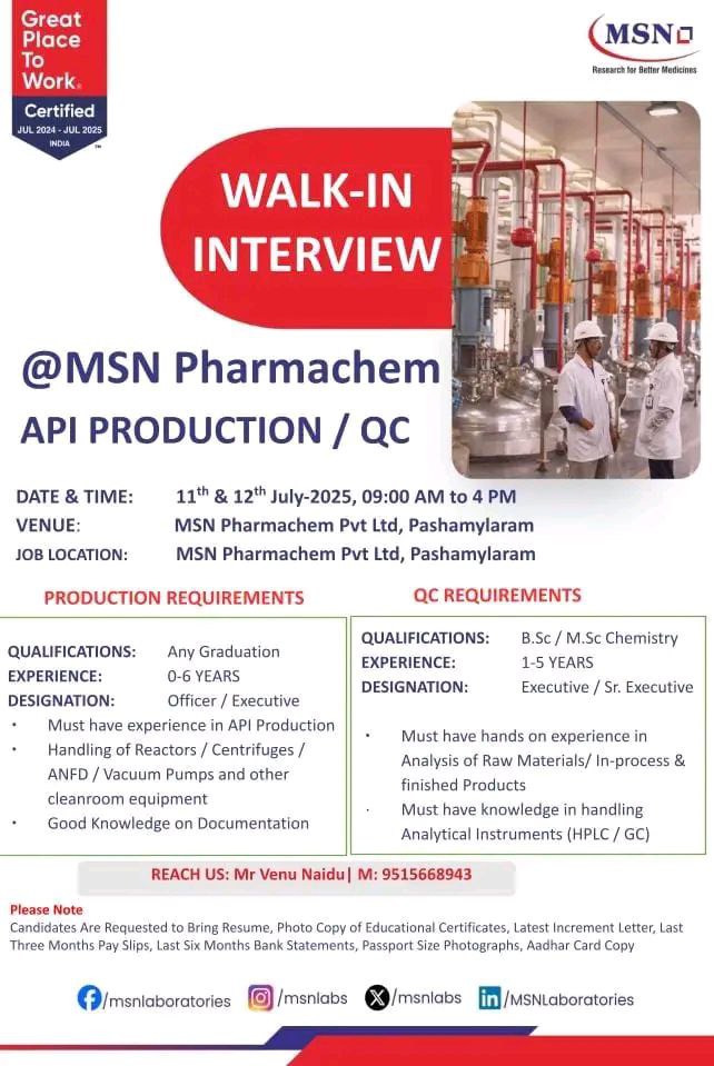 Job Opening at MSN Pharmachem with pharma jobs Opportunity