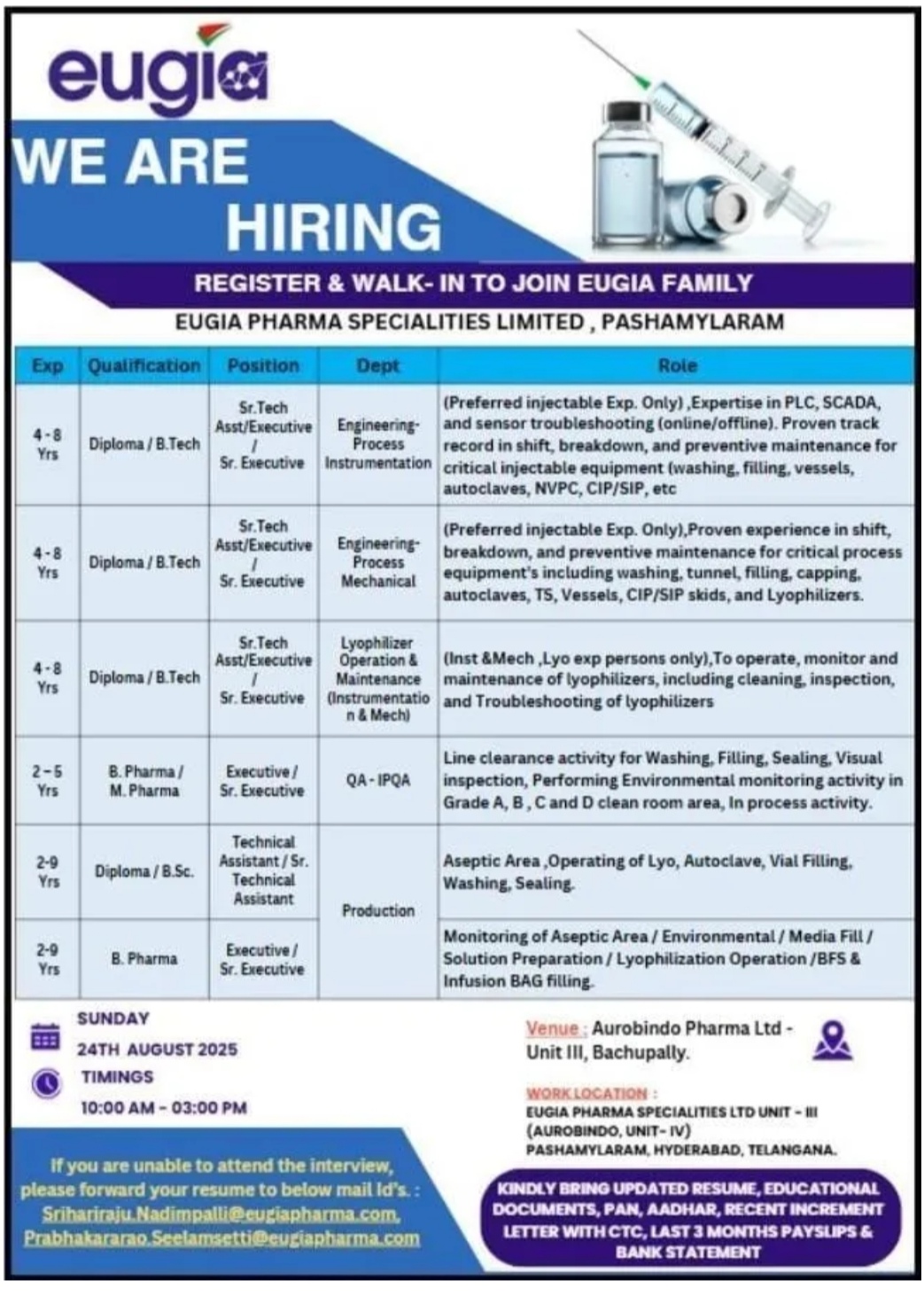 Job Opening at Eugia Pharma