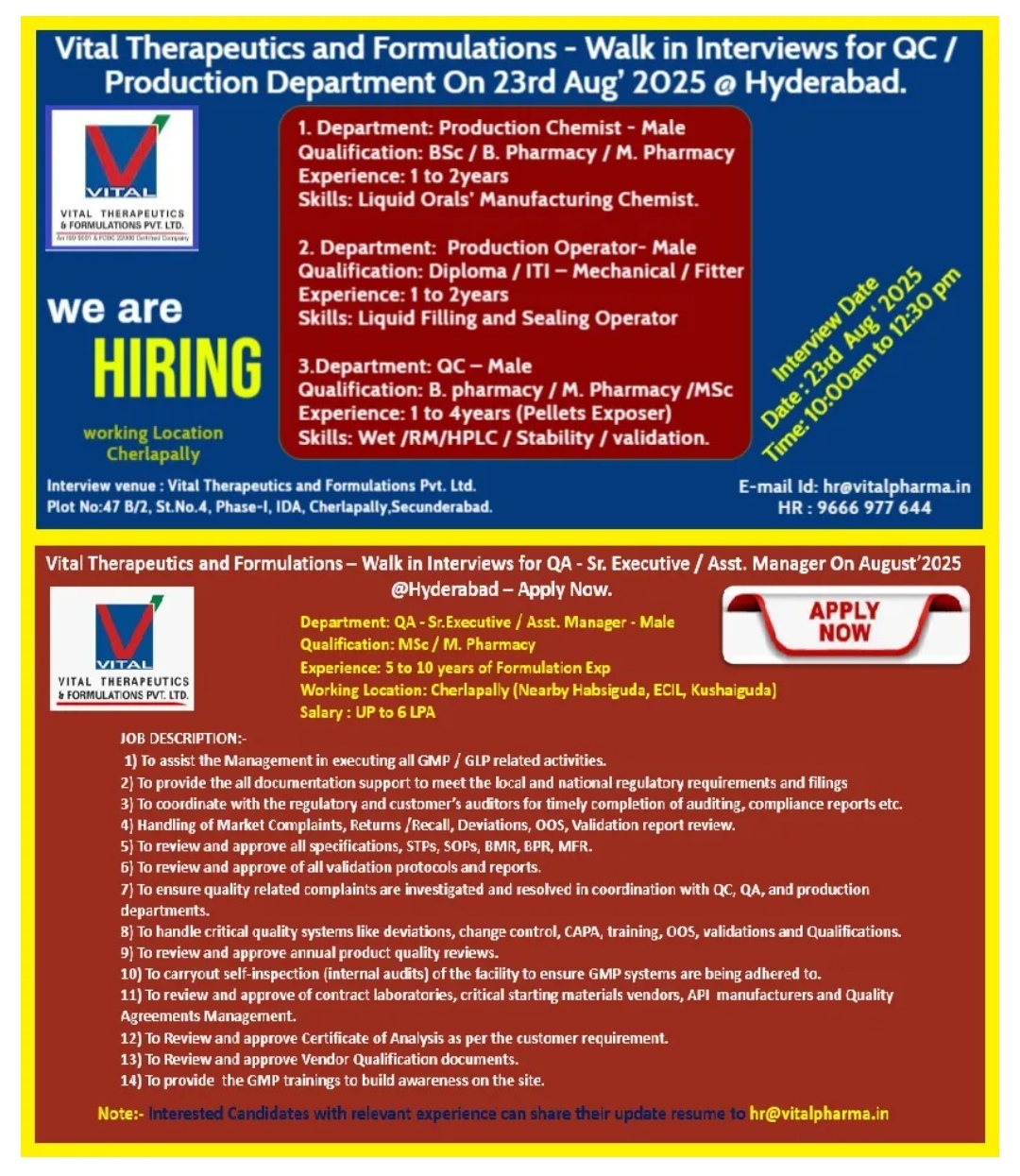 Job opening Vital Therapeutics
