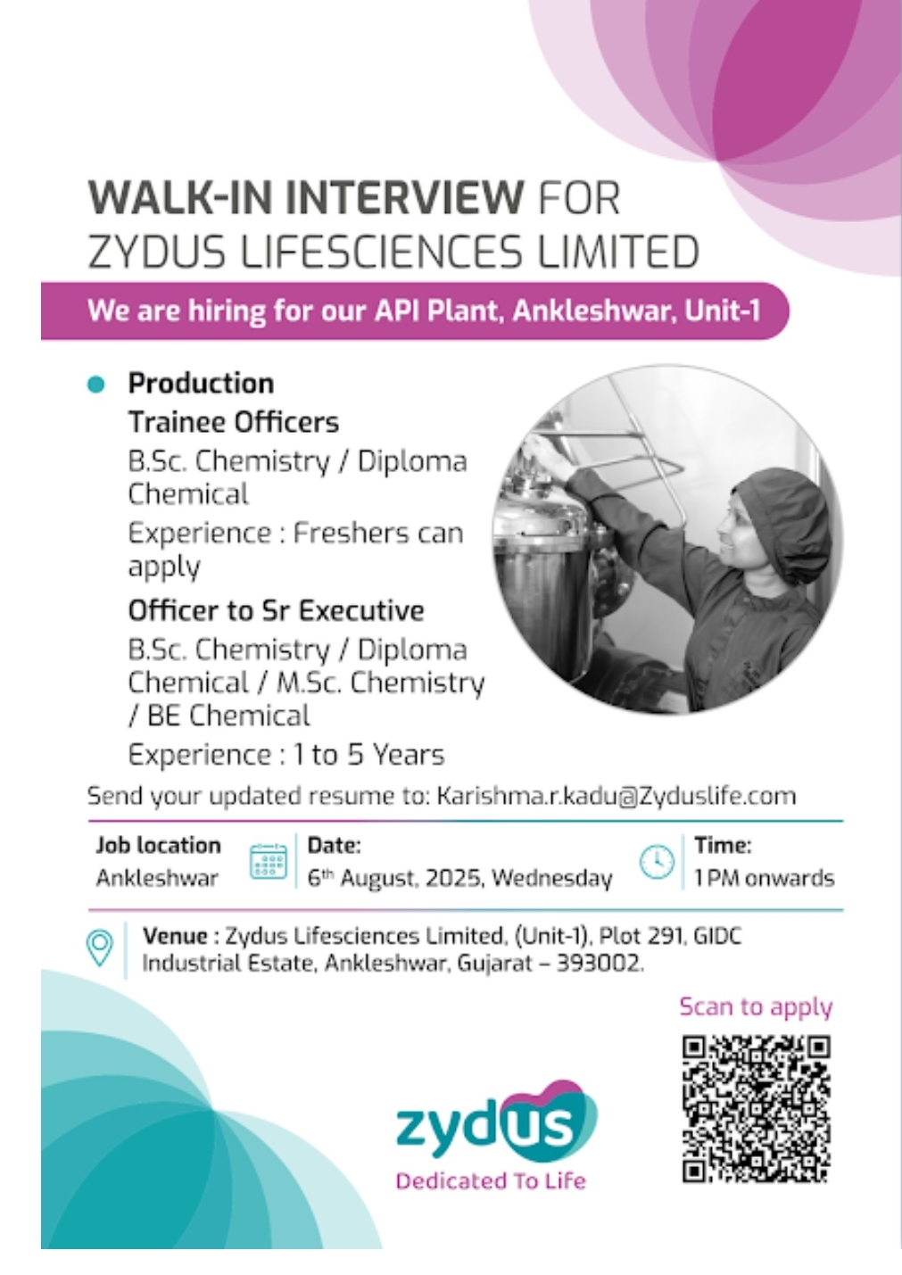 Zydus Lifesciences Hiring – pharma jobs for BSc MSc Freshers