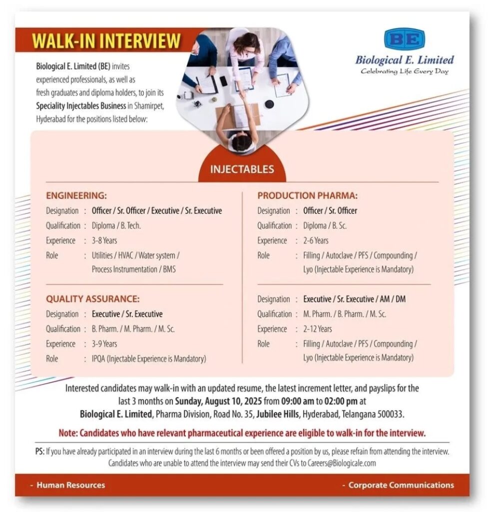 Job Opening for Biological E Limited
