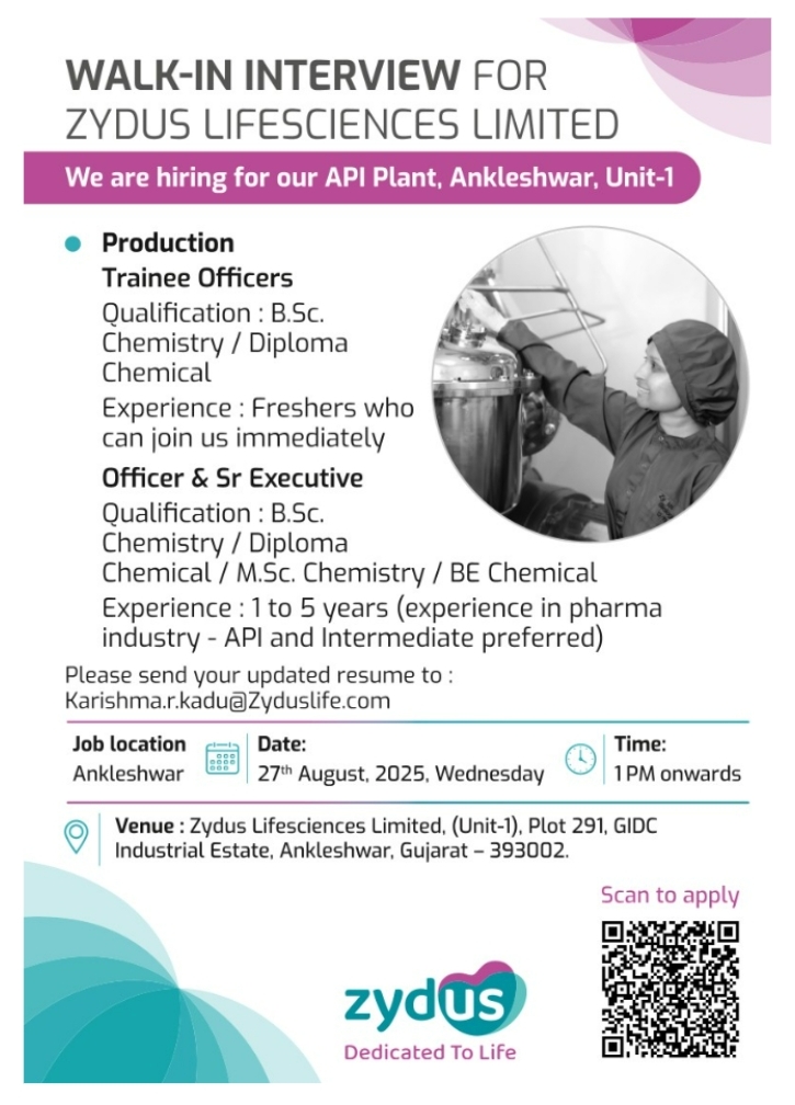 Zydus Lifesciences pharma jobs walk-in 2025