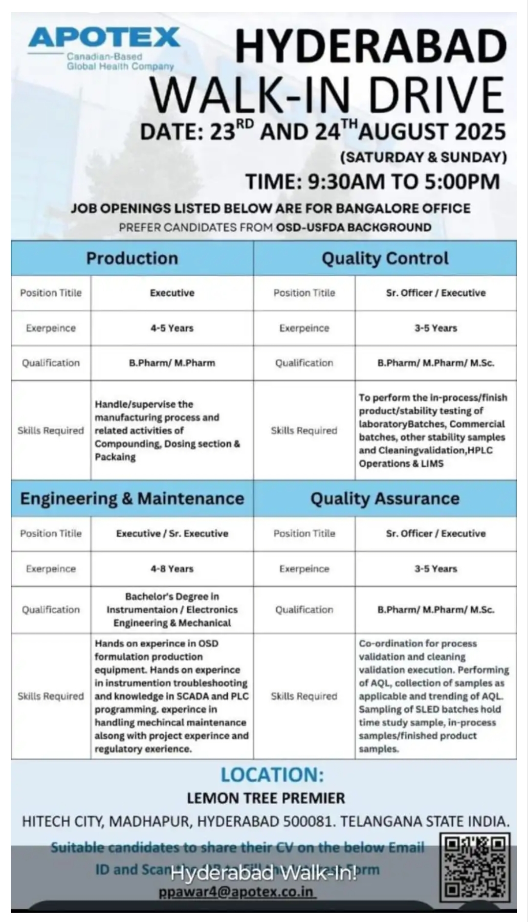 Apotex pharma jobs interview for BPharm MPharm 2025