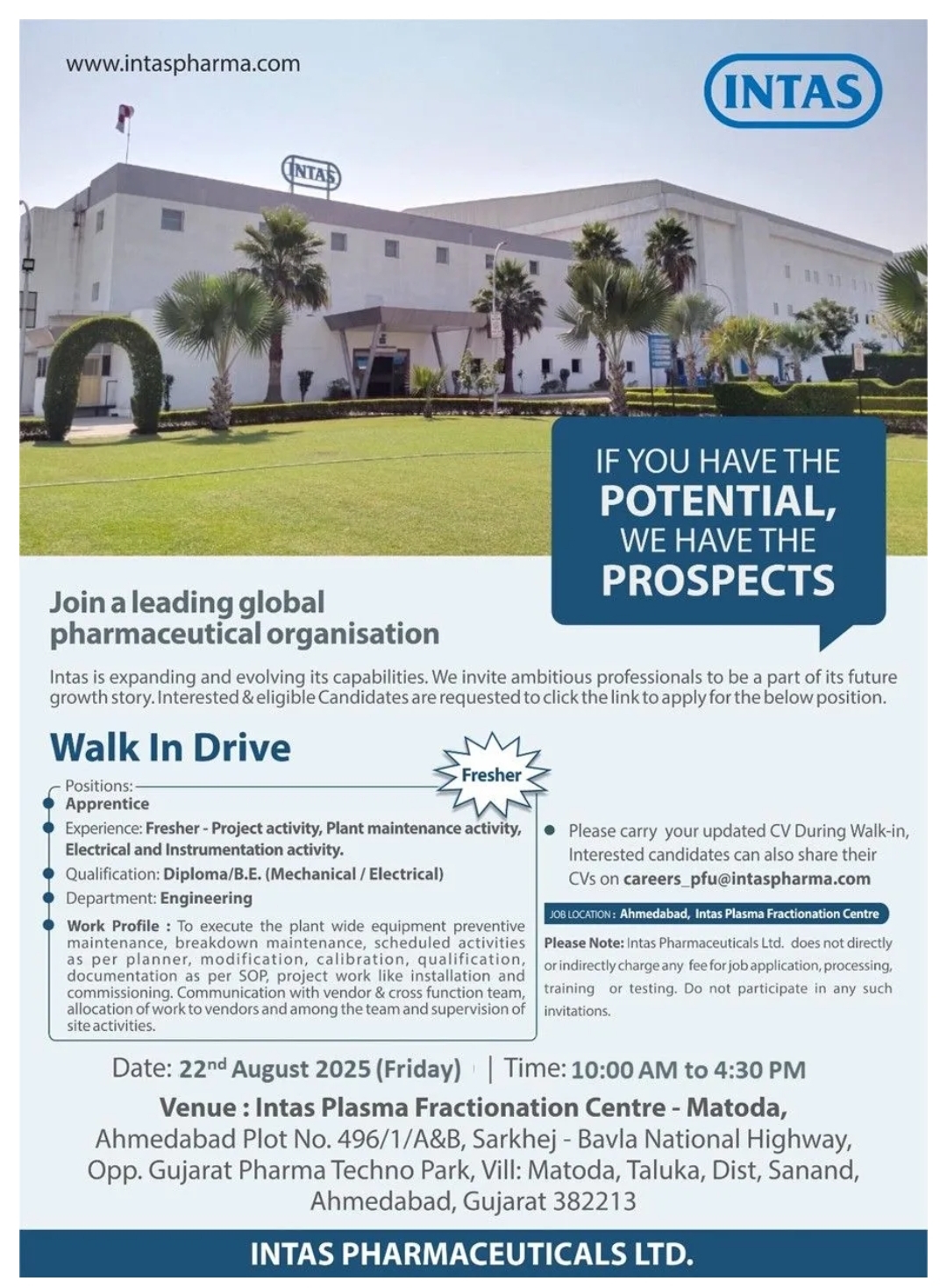 Intas pharma jobs hiring freshers 2025