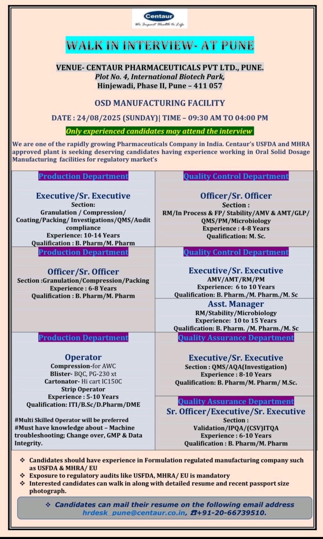 Centaur Pharmaceuticals pharma jobs interview 2025