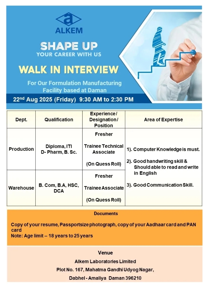 Alkem Pharma Walk-In pharma jobs 2025