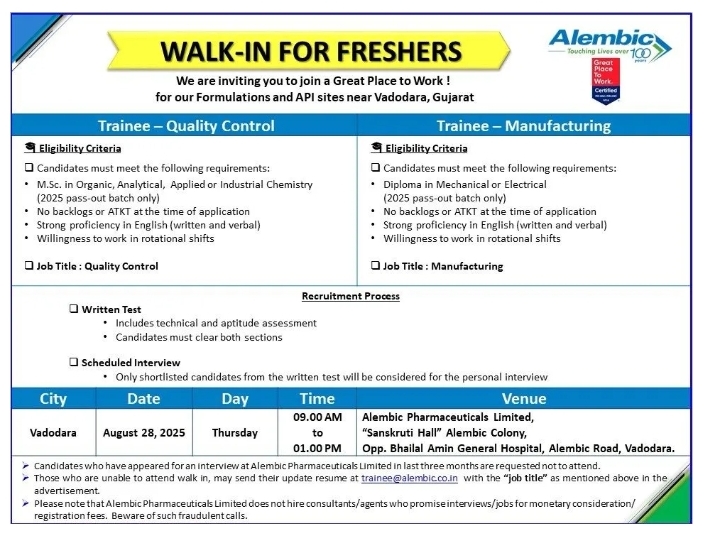 Job openings at Alembic with pharma jobs 2025