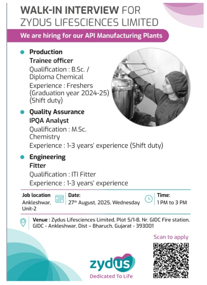 Zydus Lifesciences pharma jobs walk-in 2025