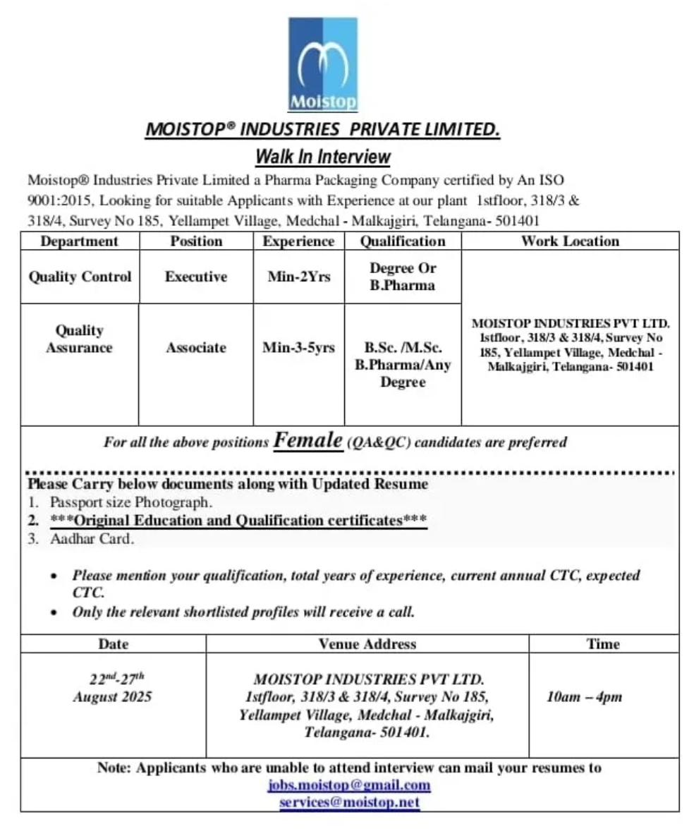 Job openings at Moistop pharma jobs 2025