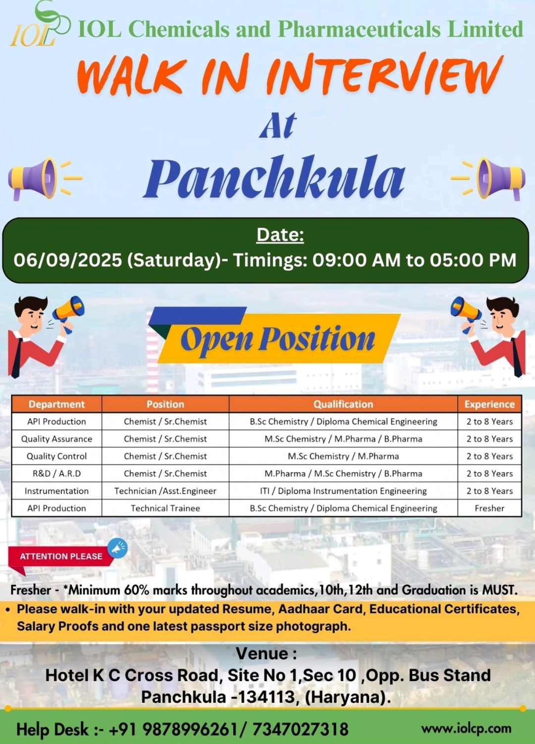Job Opening IOL Chemicals pharma jobs 