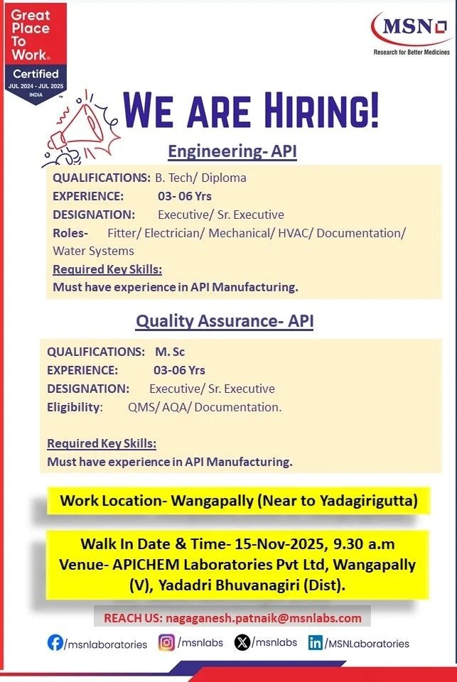 MSN Laboratories Pharma Jobs in Yadadri – Walk-In 2025