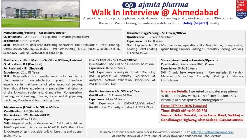 Ajanta Pharma jobs for Manufacturing Packing QC QA