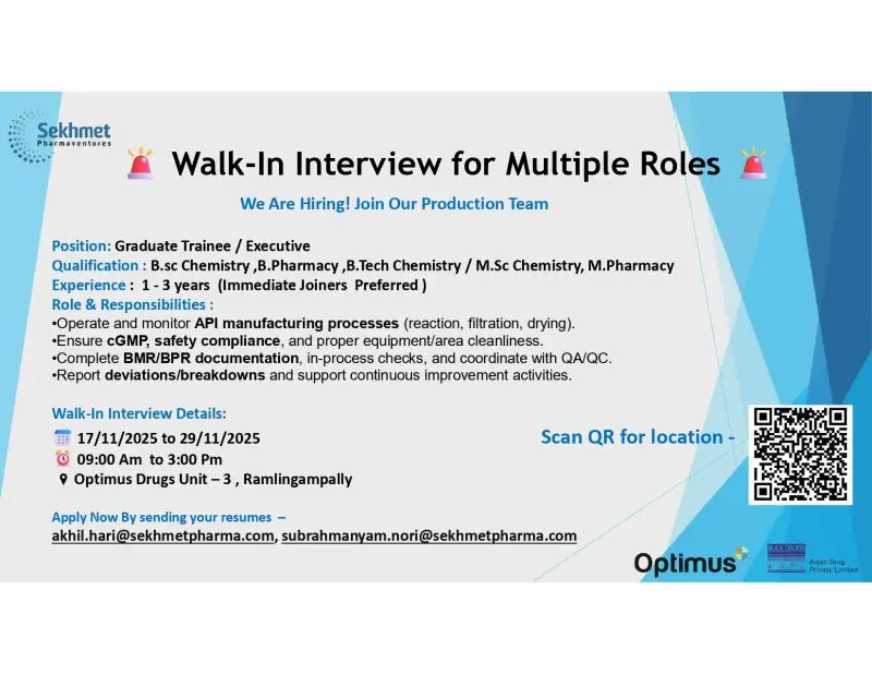 Sekhmet Pharma Jobs Walk In Openings 2025