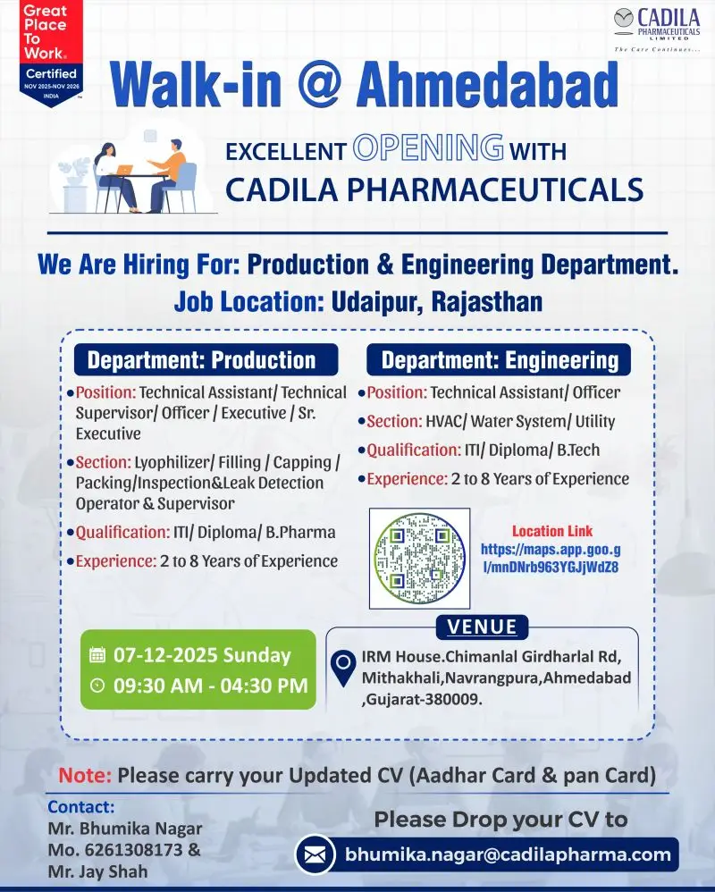 Cadila Pharma Udaipur Job Openings