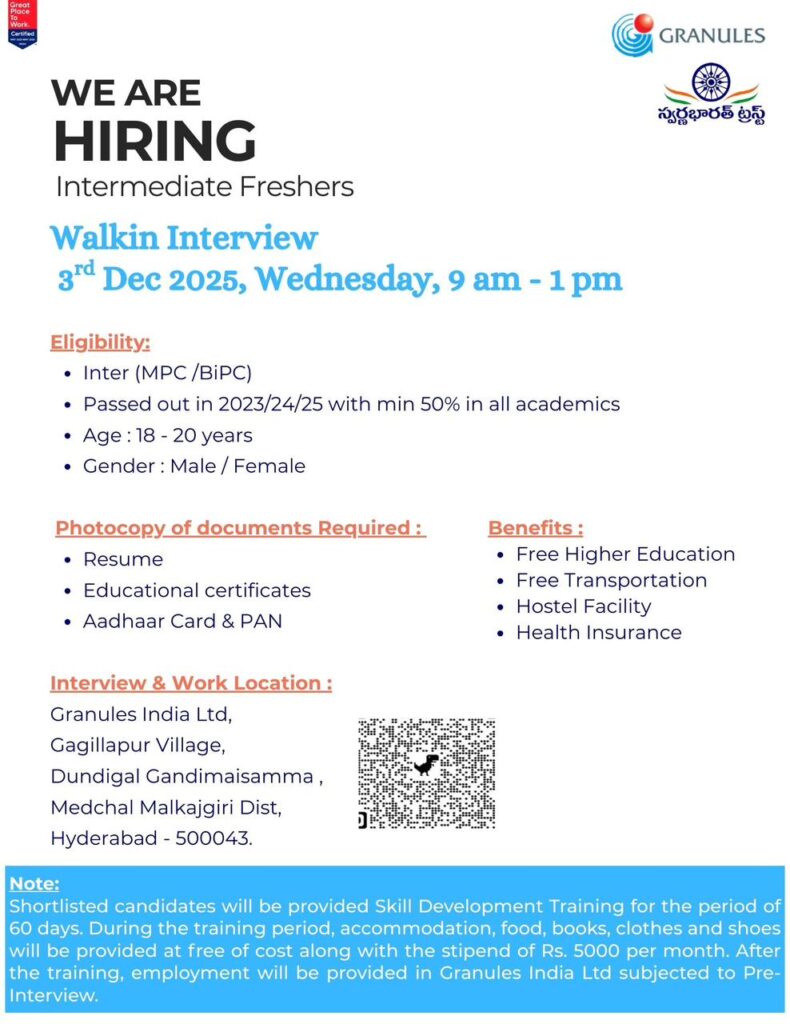 Granules India Intermediate Fresher Job Opening 2025