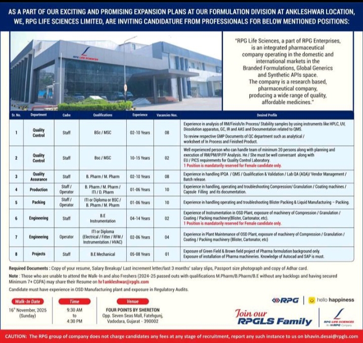 Job opening at RPG Life Sciences limited 