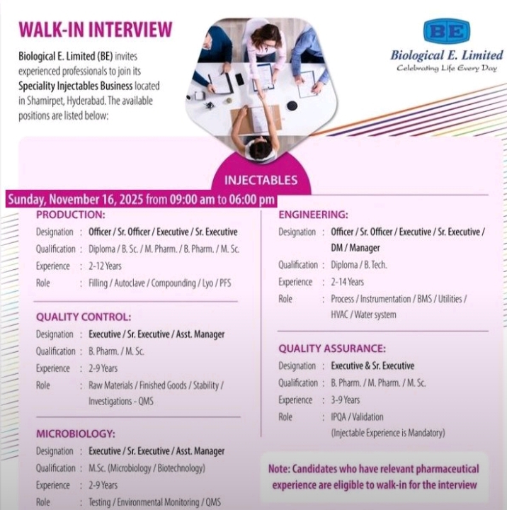 Biological E Job Openings Pharma Jobs