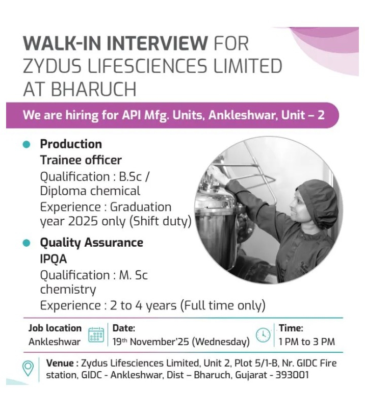 Zydus Lifesciences hiring production and QA pharma jobs
