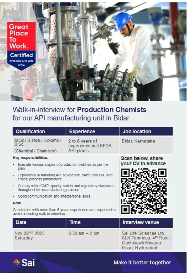 Sai Walk-In Hiring pharma jobs