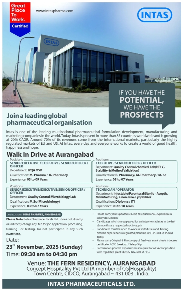 Intas Pharmaceuticals Job Opening