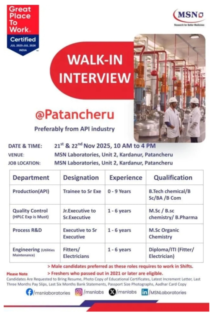 MSN Laboratories pharma jobs walk in openings