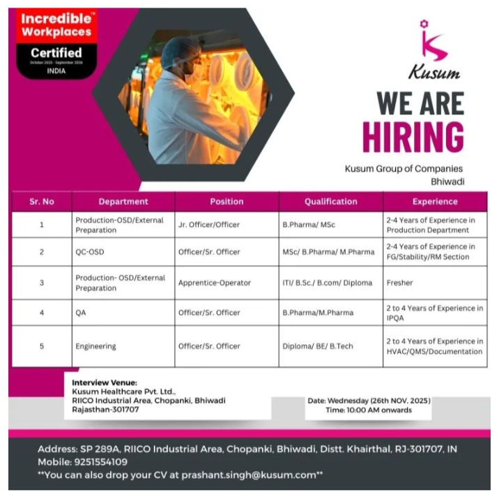 Kusum Job Opening pharma jobs Update 2025