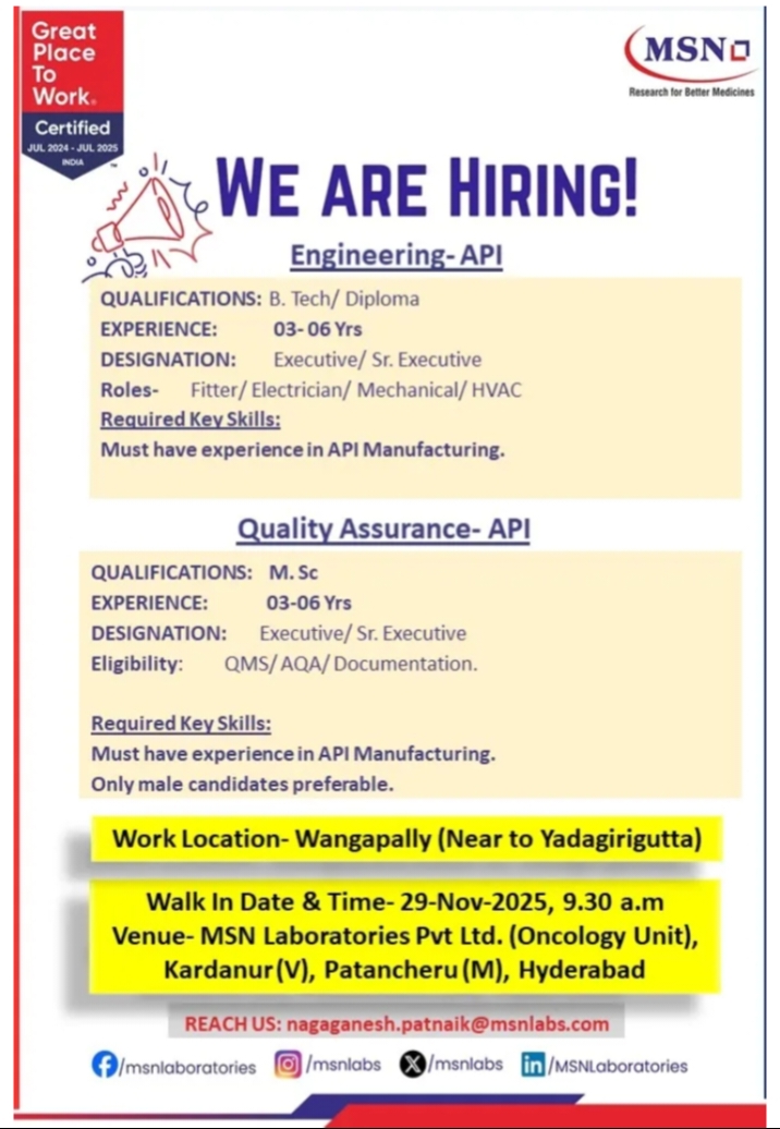 MSN Laboratories Hiring API Engineering QA