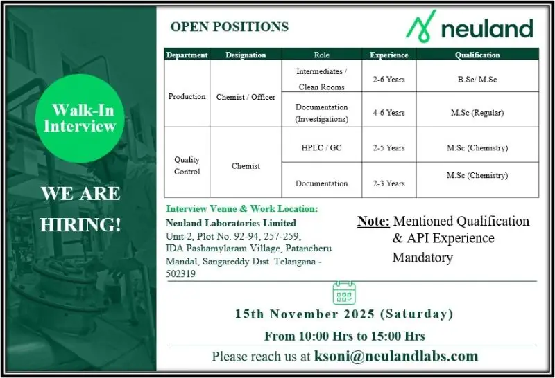 Job Openings at Neuland Pharma Jobs in Hyderabad