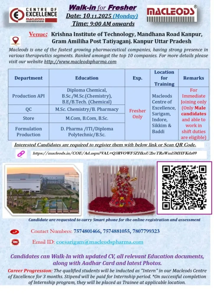 Macleods Pharma jobs in Kanpur Walk-in 2025