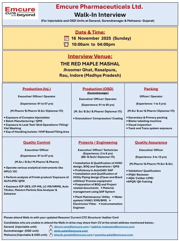 Emcure Pharma Jobs in Indore