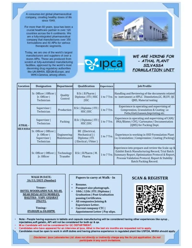 Job openings at IPCA Laboratories Pharma jobs in Silvassa