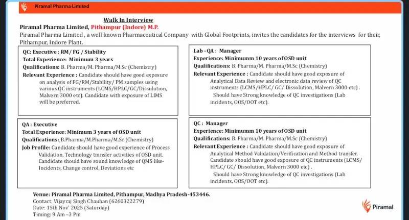 Piramal Pharma Jobs in Indore 2025 – QC QA Walk-In