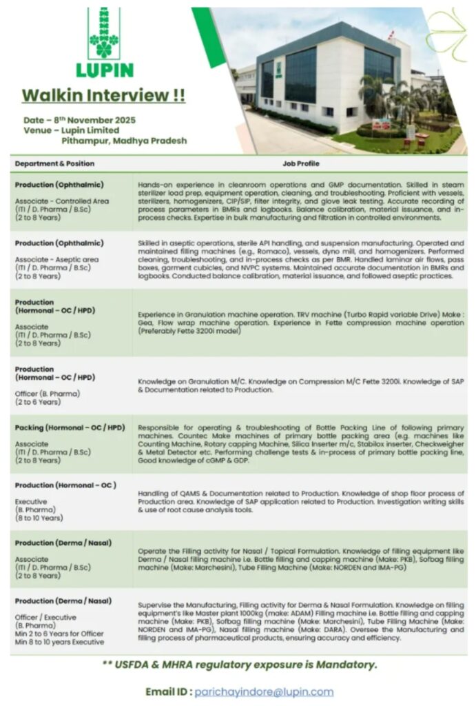 Lupin Pharma Jobs Walk-In Pithampur 2025