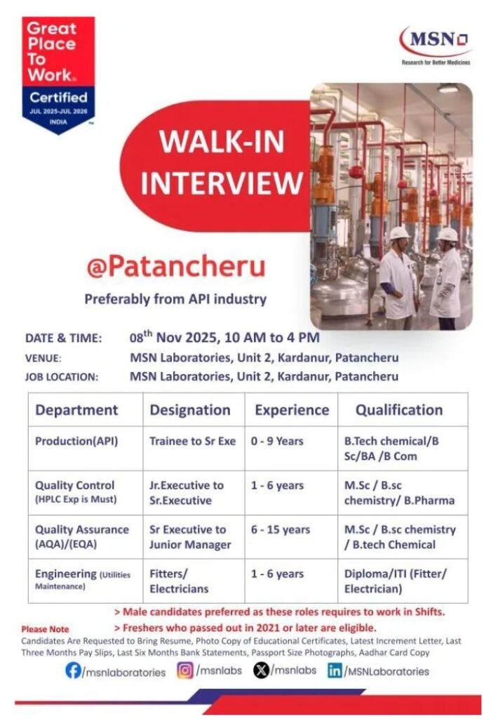 Job Openings at MSN Laboratories Pharma jobs in Patancheru
