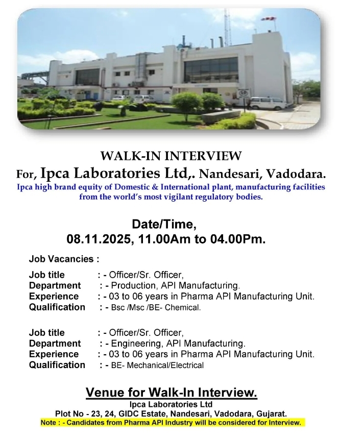 Job Openings at Ipca Laboratories Pharma jobs in Vadodara