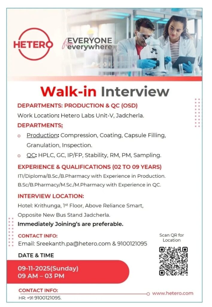 Job openings at Hetero Labs - Hetero Pharma jobs in Jadcherla