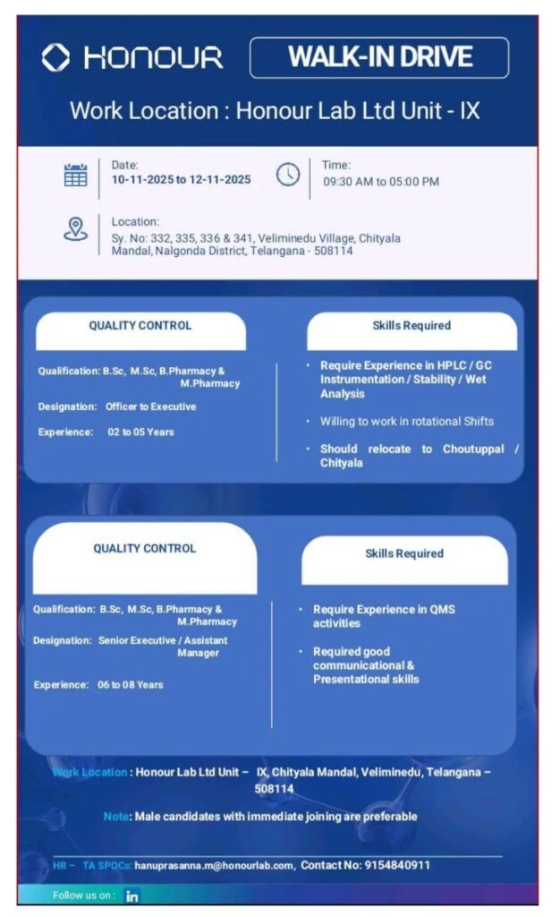 Honour Lab Pharma Jobs in Telangana