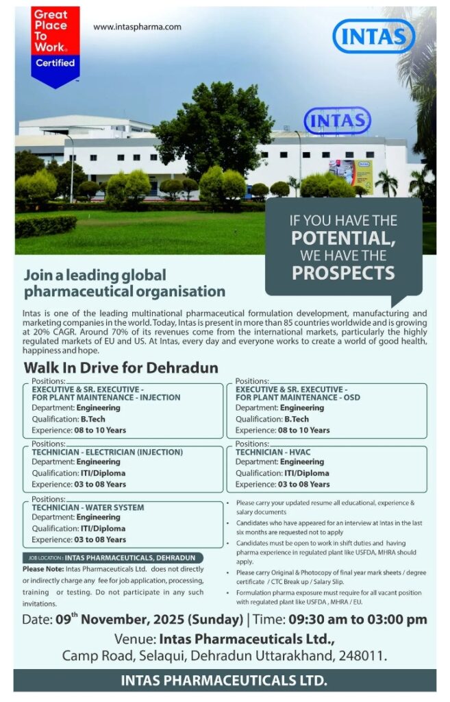 Job opening for Intas Pharma jobs in Dehradun