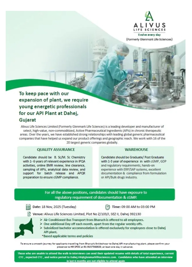 Alivus Pharma Jobs Dahej Walk In 2025