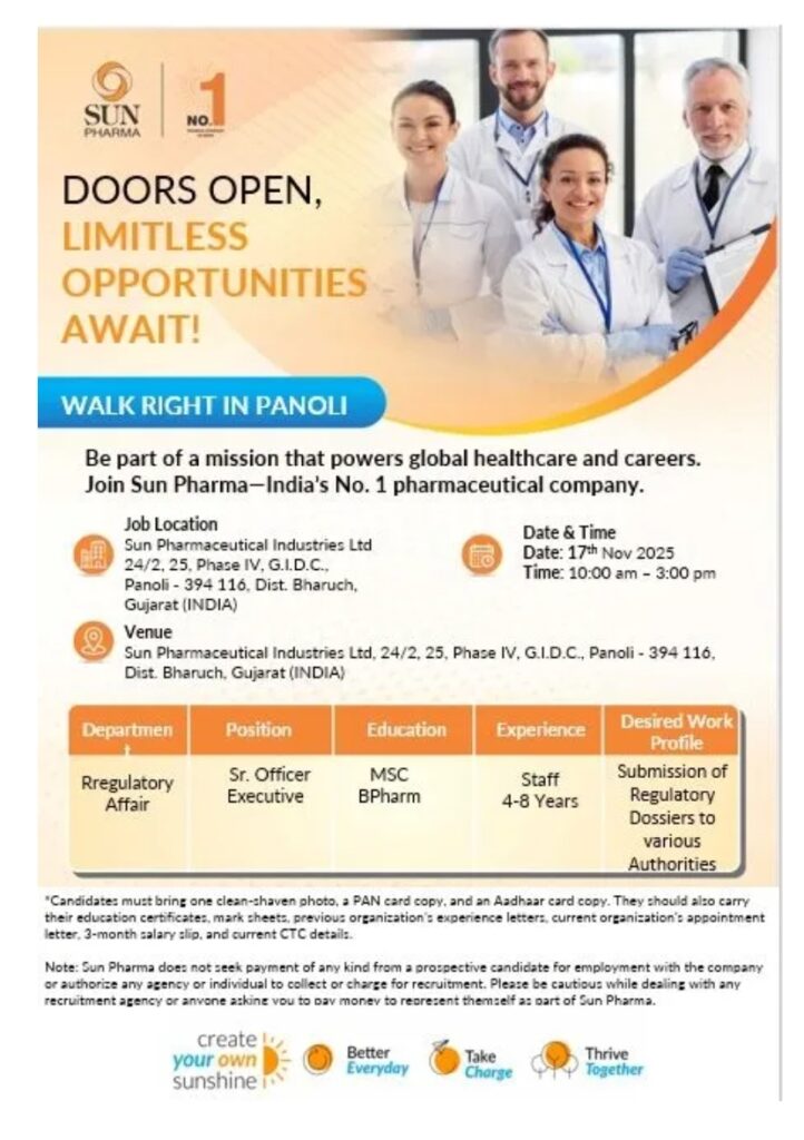 Sun Pharma Job Opening Panoli