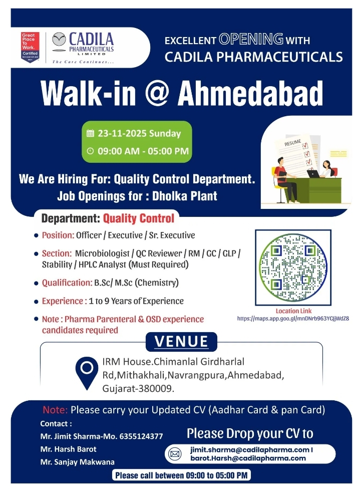 Cadila Pharmaceuticals Pharma jobs in Ahmedabad walk-in