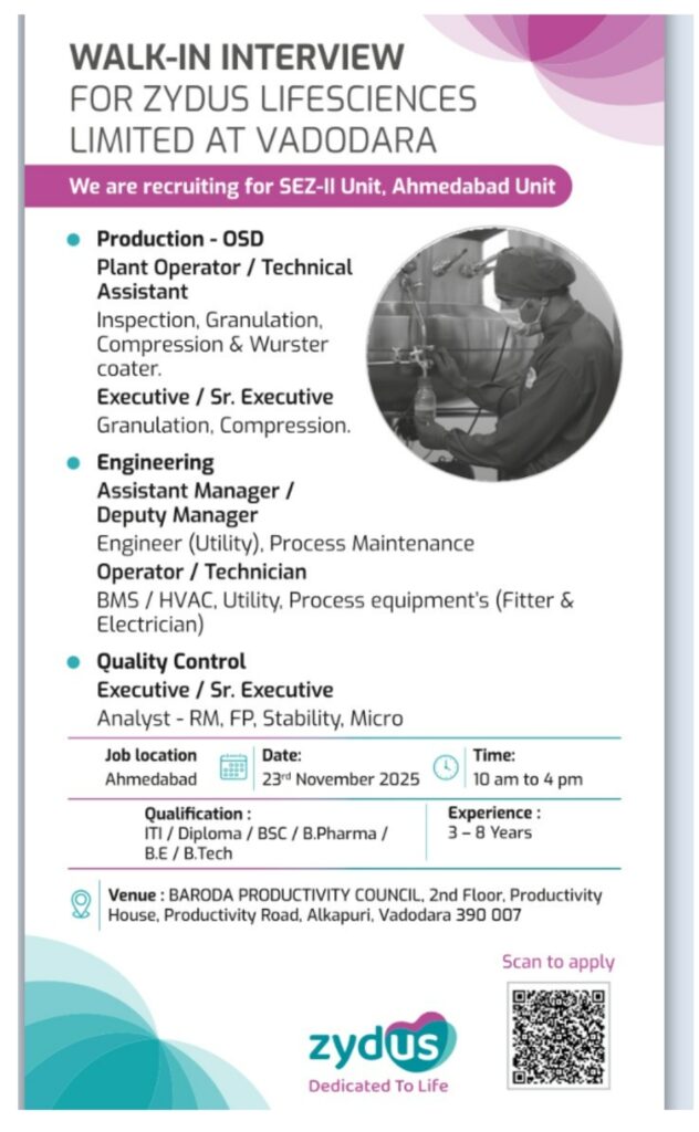 Zydus Lifesciences Hiring Walk-In Interview