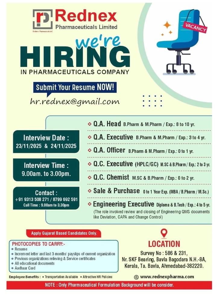 Rednex Pharma Jobs Walk-In 2025