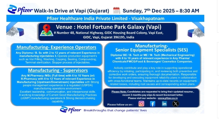 Pfizer Pharma Hiring Vapi Walk In Jobs