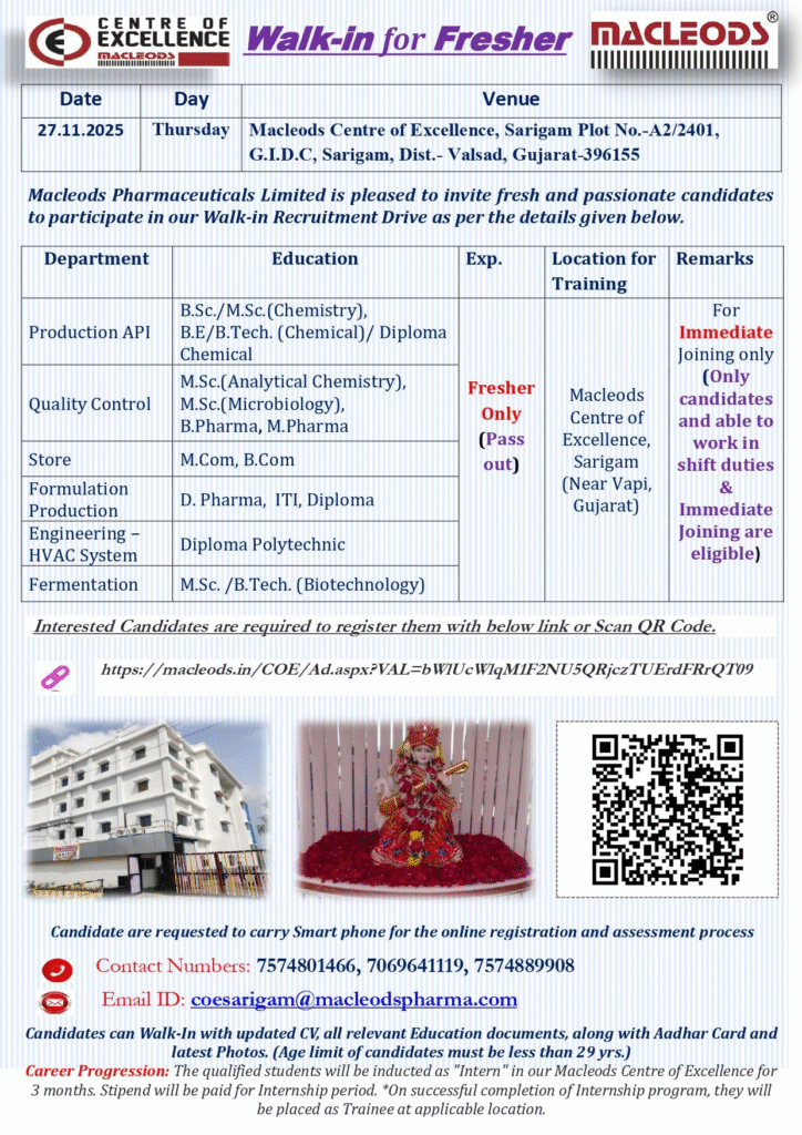 Macleods Hiring Freshers in Valsad – Walk-in Interview