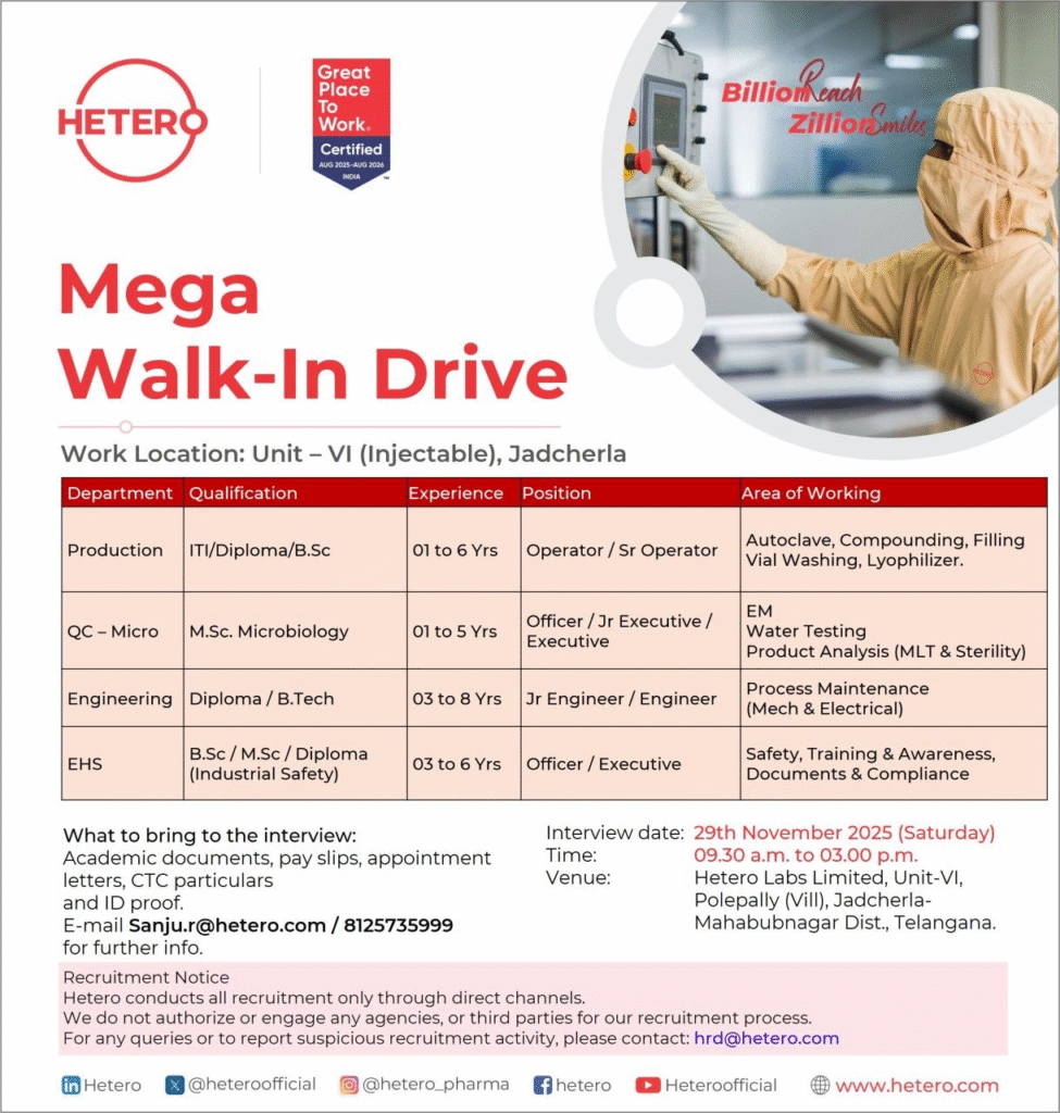 Hetero Walk In Drive Production QC Engineering EHS Jobs